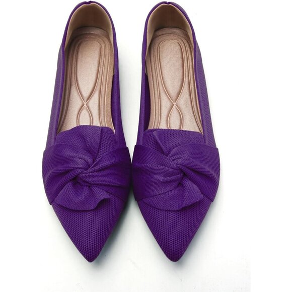 🆕Women Purpel Pointed Toe Ballet Flats with Bow Comfortable Knit Dressy Flats - Picture 1 of 7